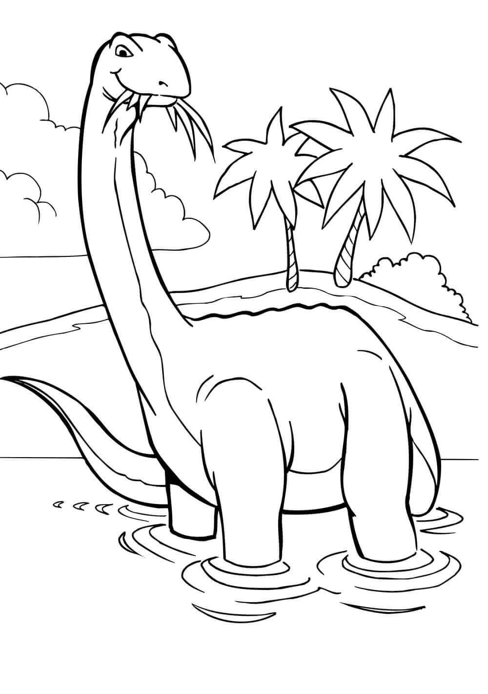 Dibujo de Dino Brontosaurus Come Hierba para Colorear
