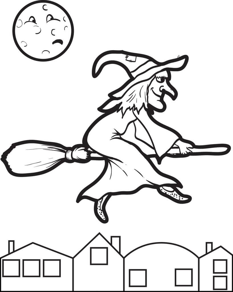 Dibujo de Bruja Volando en Halloween para Colorear
