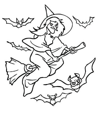 Dibujo de Bruja Volando y Murcilago para Colorear