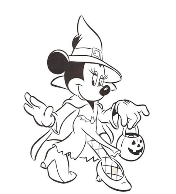 Dibujo de Bruja de Minnie Mouse Sosteniendo Calabaza para Colorear