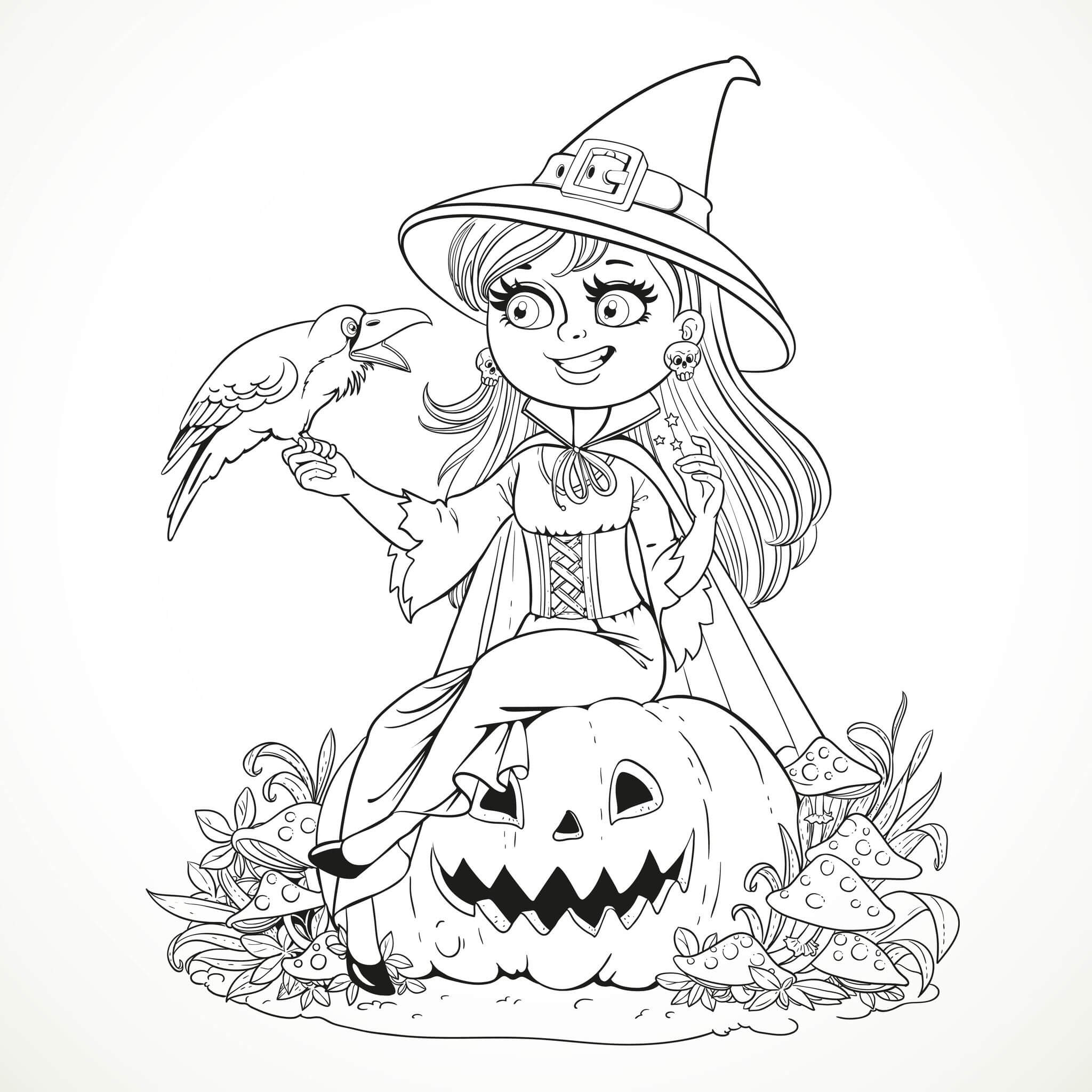 Dibujo de Bruja Nia Sentado y Cuervo para Colorear