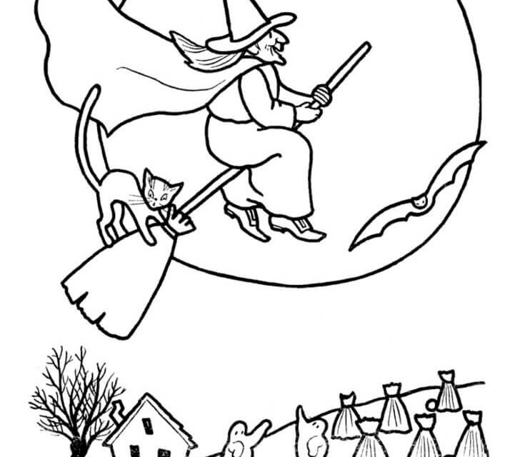 Dibujo de Bruja y Gato Volando para Colorear
