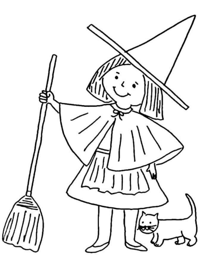 Dibujo de Nia Bruja y Gato para Colorear