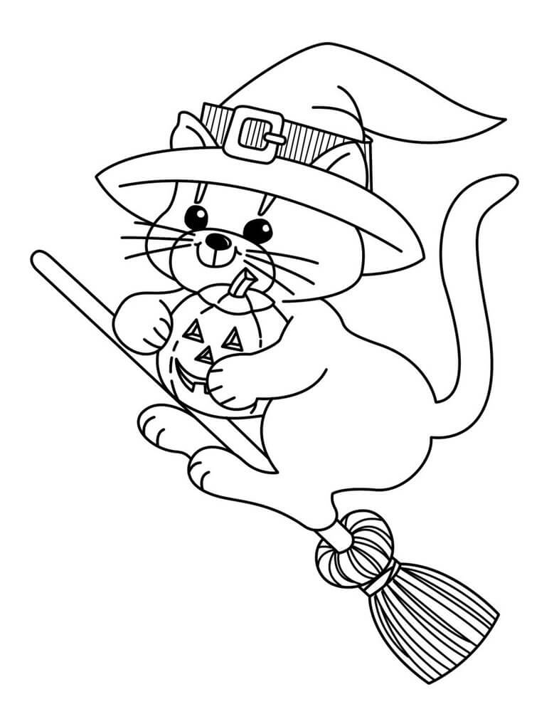 Dibujo de Gato Bruja Vuelo para Colorear