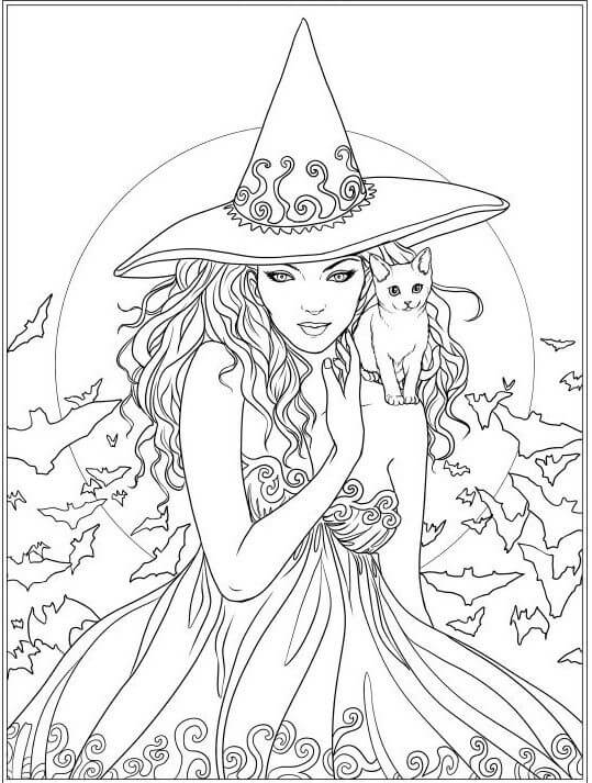 Dibujo de Hechicera con Gato para Colorear