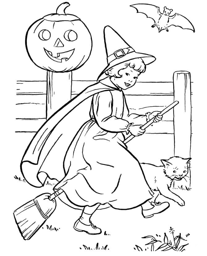 Dibujo de Lindo Bruja Nia y Gato para Colorear