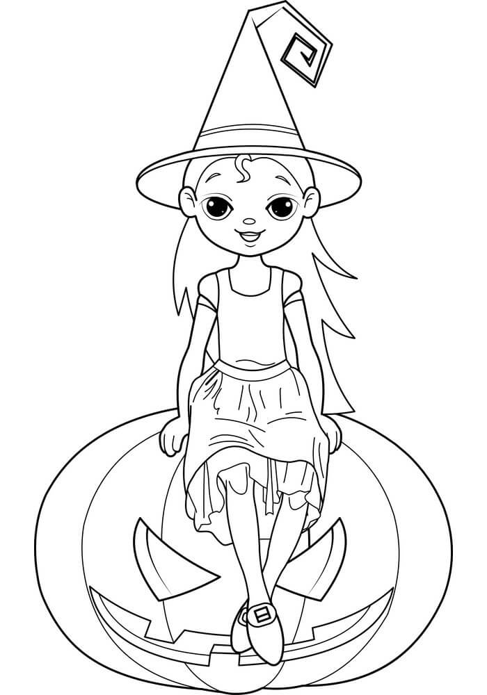 Dibujo de Nia Bruja y Calabaza Grande para Colorear