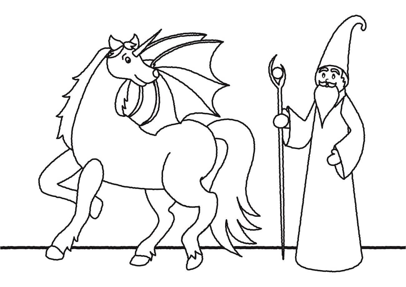 Dibujo de Unicornio y Bruja para Colorear