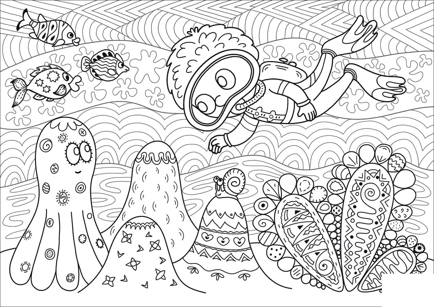 Dibujo de Buceo en Arrecifes de Coral para Colorear