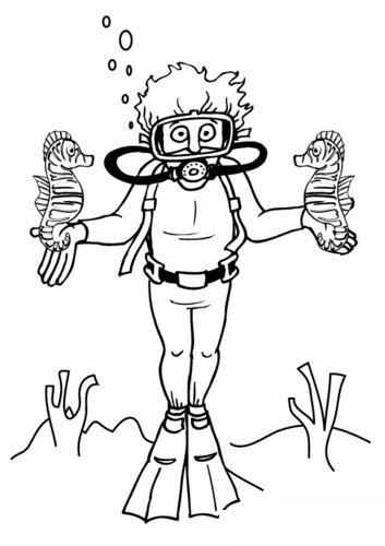 Dibujo de Buzo de Nio con Caballito de Mar para Colorear