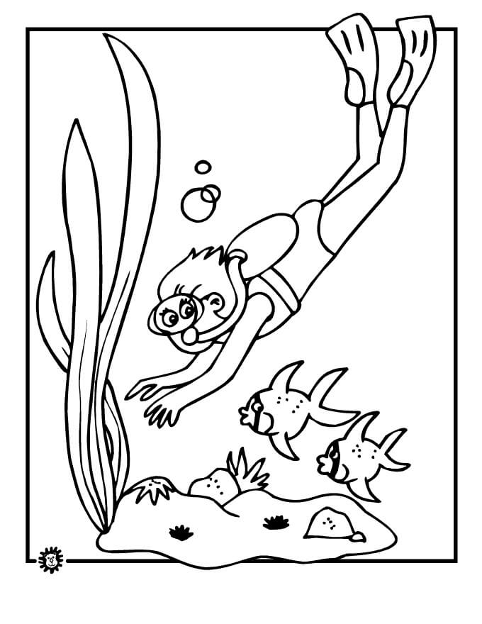 Dibujo de Buzo de Nio y Dos Peces para Colorear
