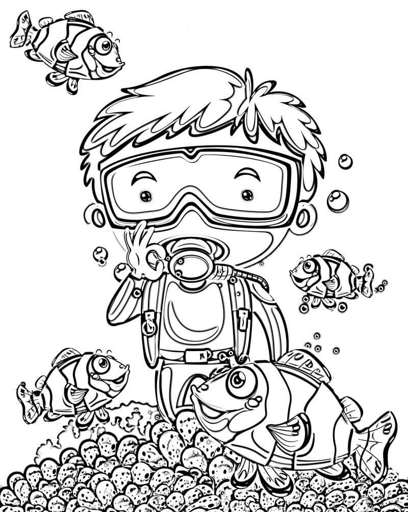 Dibujo de Mn Buceando Bajo el Agua con Muchos Ppeces Payaso para Colorear