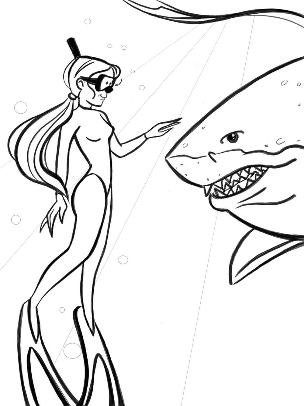 Dibujo de Nia Buceo y Tiburn para Colorear