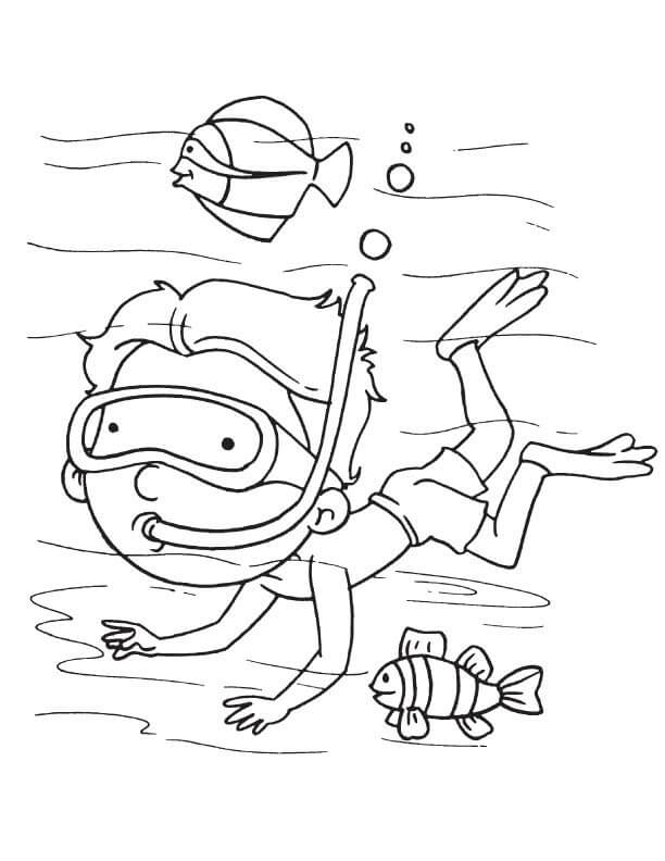 Dibujo de Nio Buceando con Dos Peces para Colorear