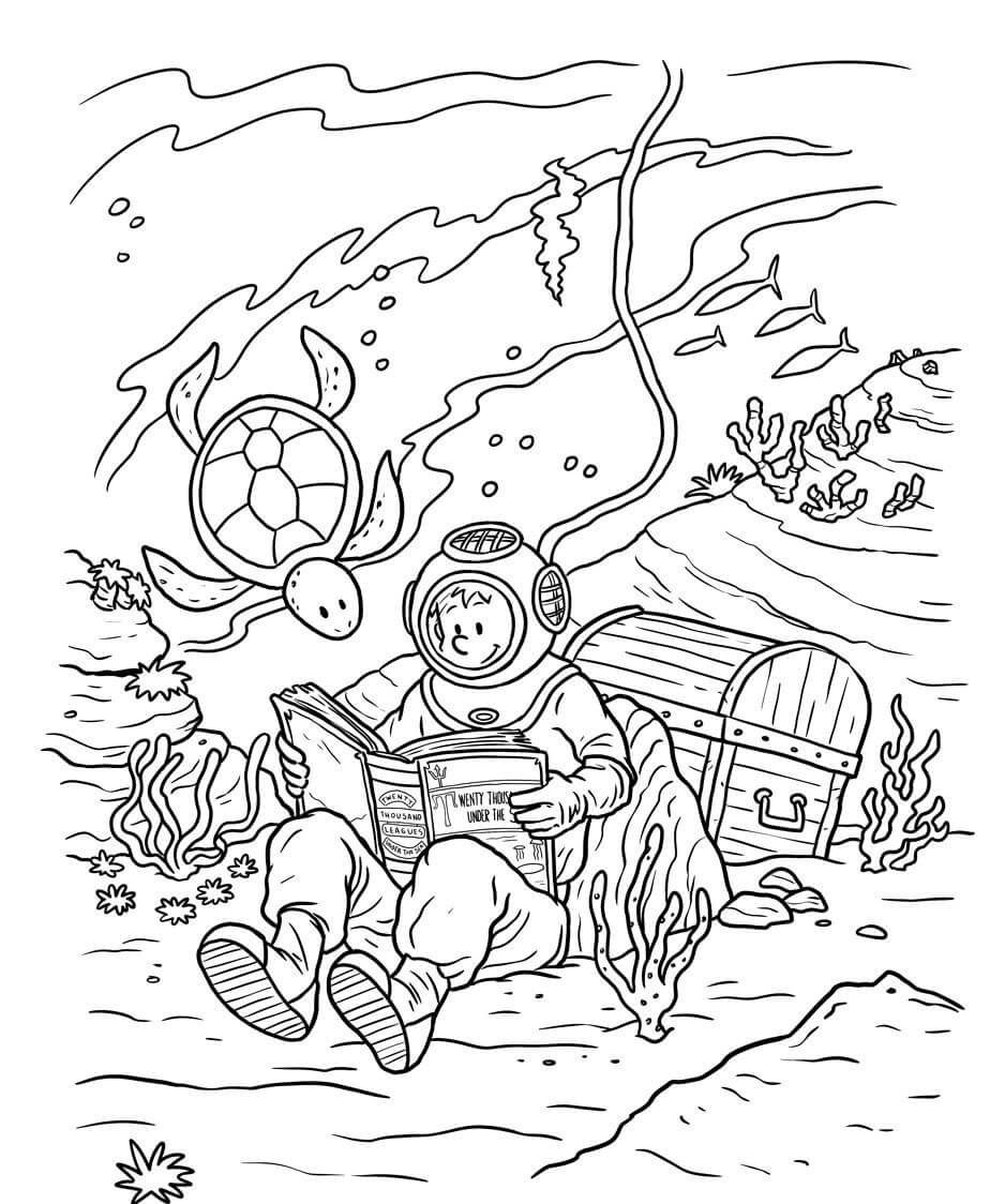 Dibujo de Nio Buceo Libro de Lectura en el Mar para Colorear