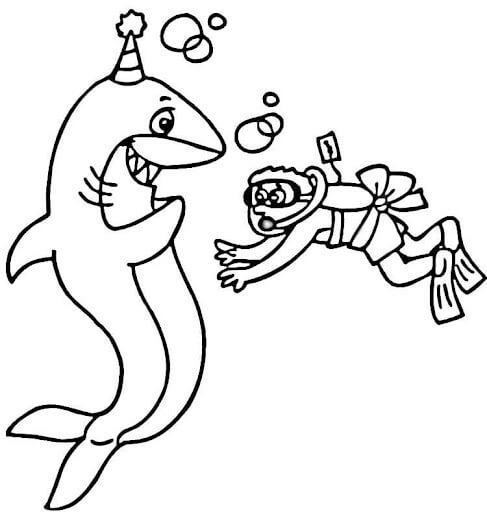 Dibujo de Nio Buzo y Tiburn Divertido para Colorear