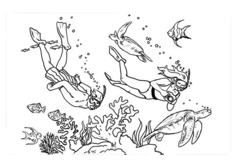 Dibujo de Nio y Nia Buceando con Animales Marinos para Colorear