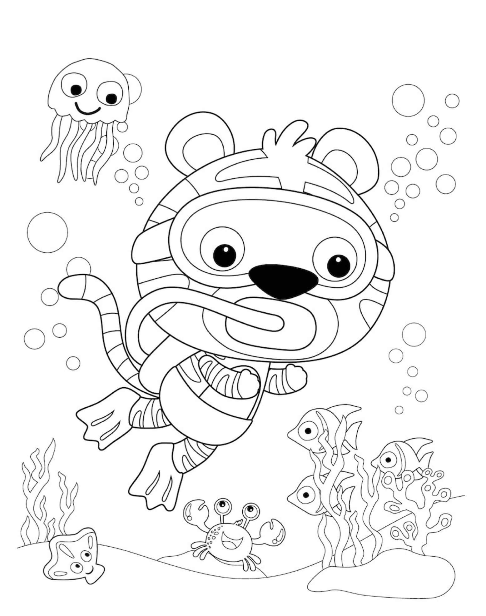 Dibujo de Tigre Bajo el Agua Buceo para Colorear