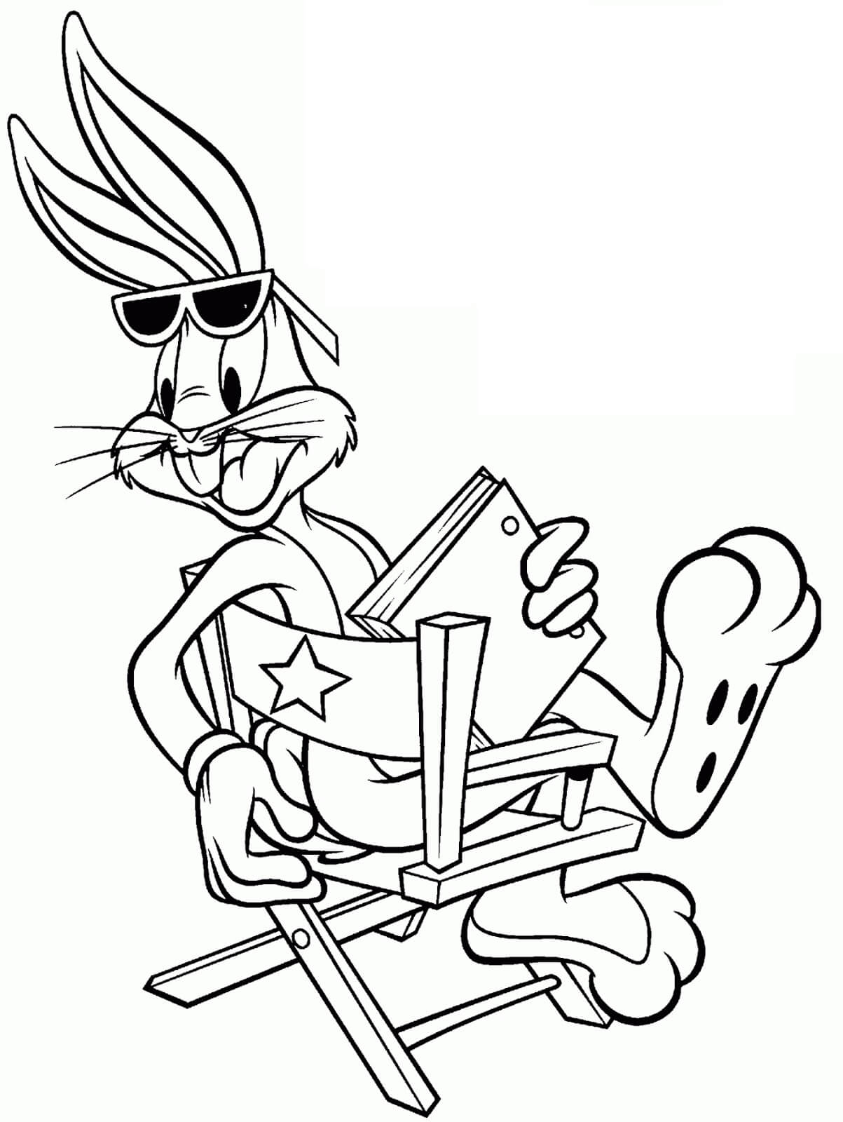 Dibujo de Bugs Bunny Sostiene un Libro Sentado en una Silla para Colorear