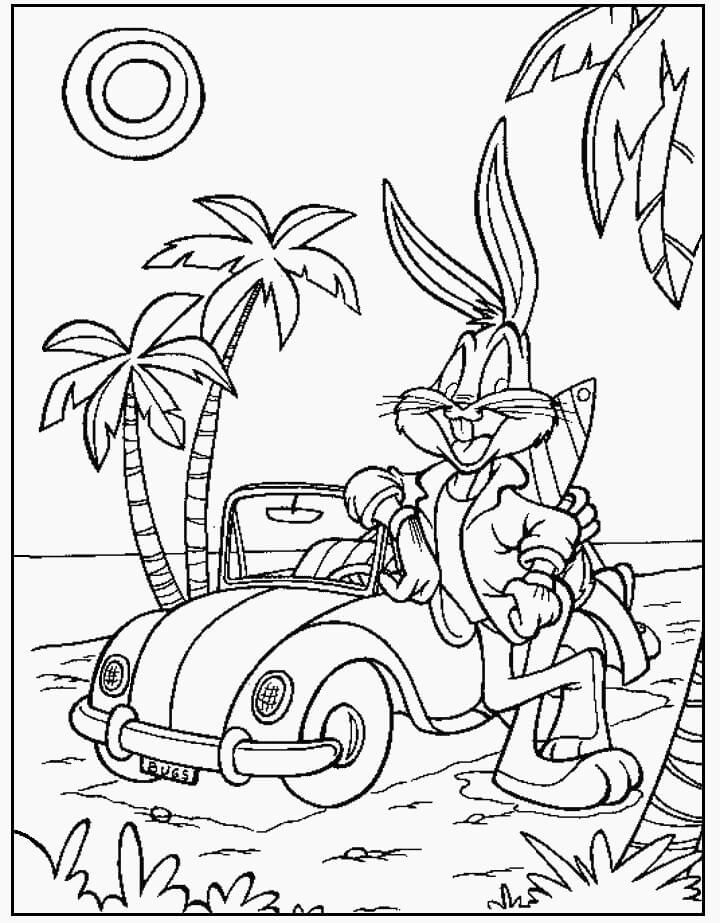 Dibujo de Bugs Bunny con Coche en la Playa para Colorear