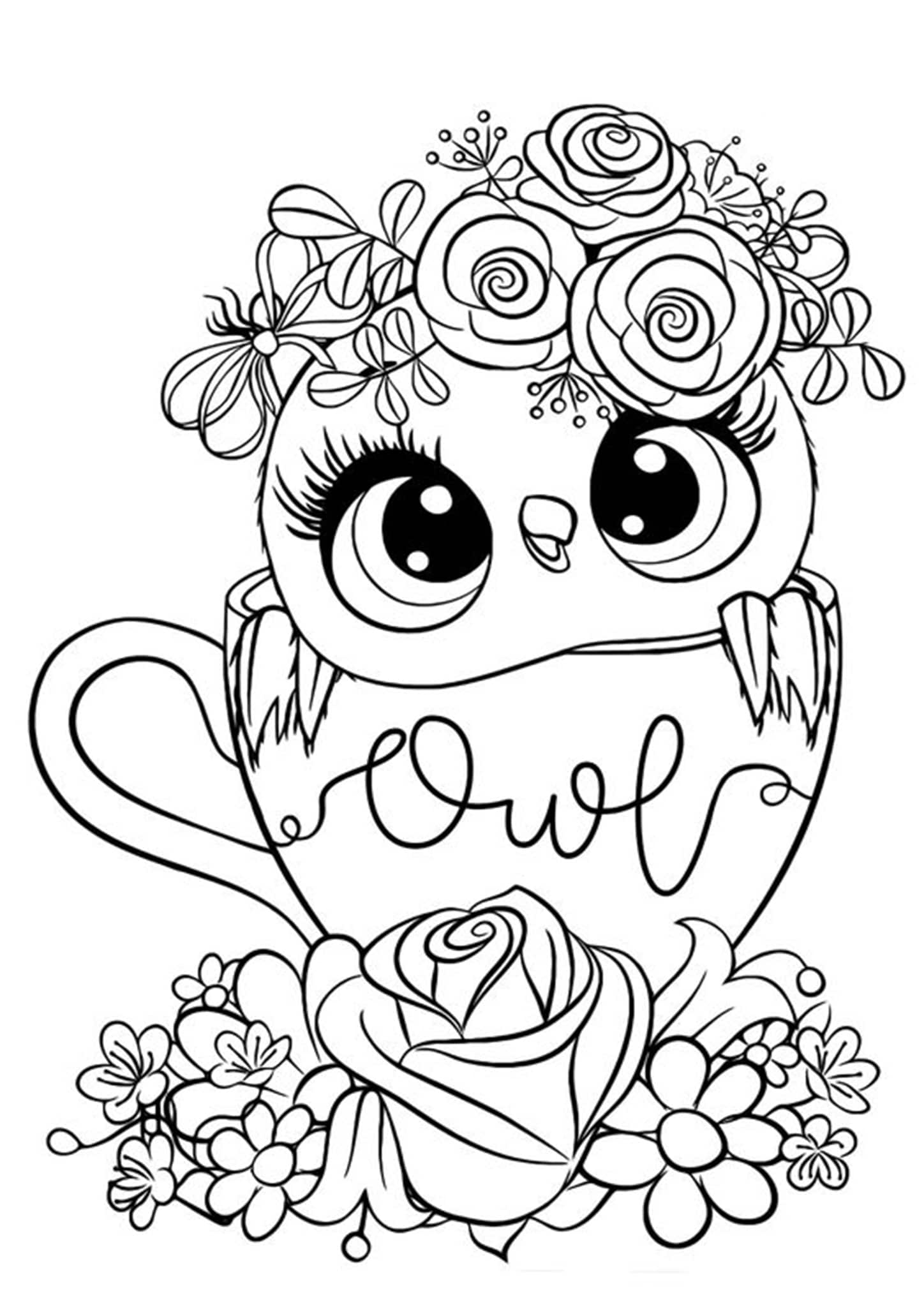 Dibujo de Búho con Flores para Colorear