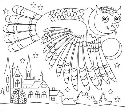 Dibujo de Búho de Dibujos Animados Volando para Colorear
