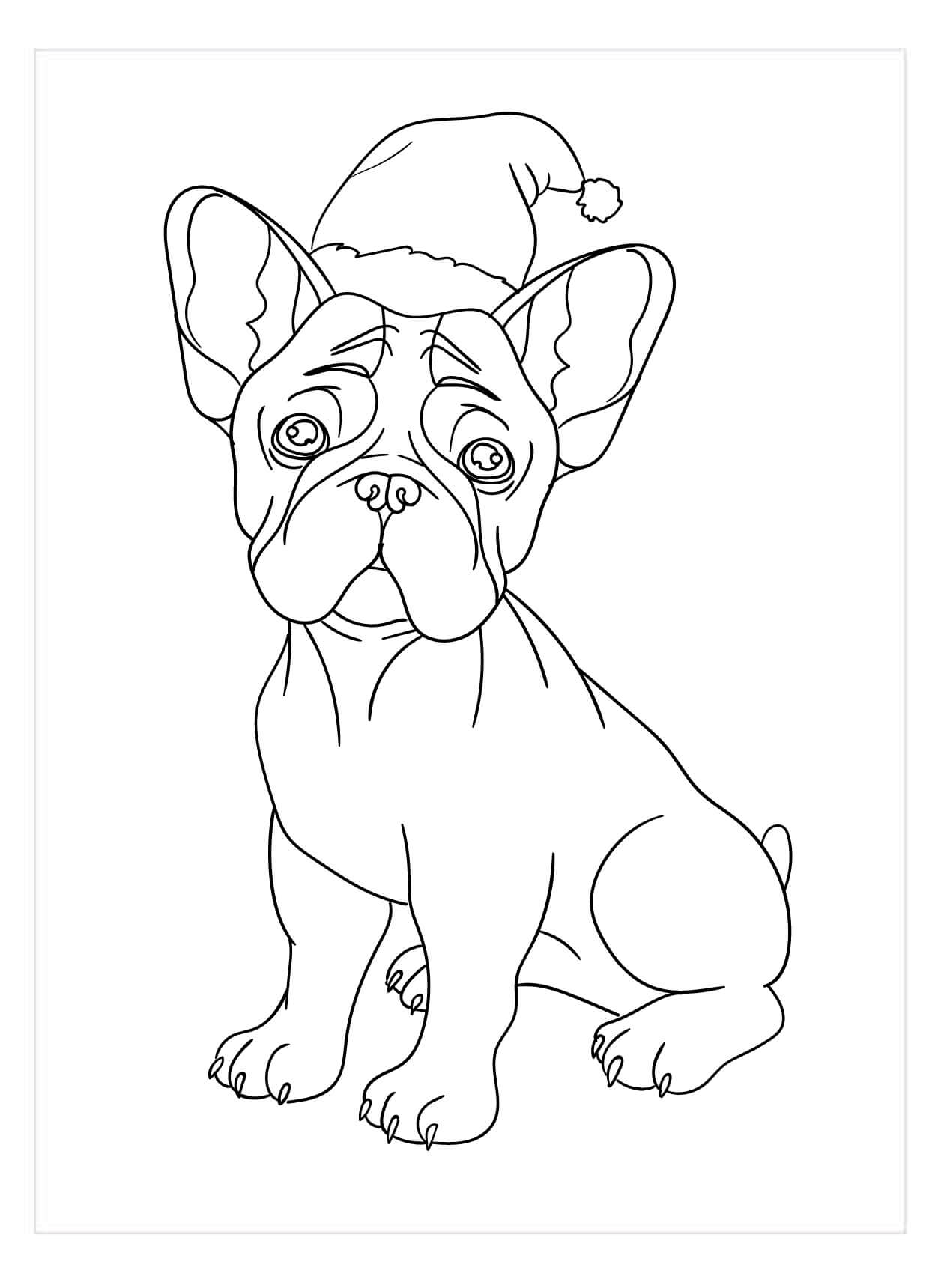 Dibujo de Bulldog Francs con Gorro de Pap Noel para Colorear