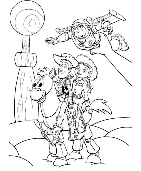 Dibujo de Woody Jessie Buzz y Bullseye para Colorear