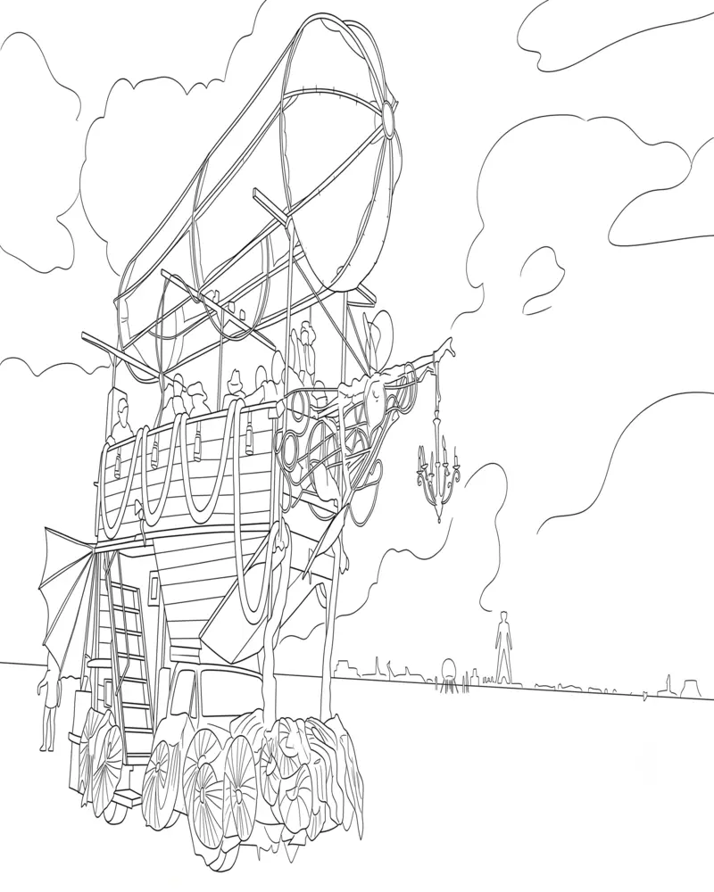 Dibujo de Aventura en Coche artístico Burning Man páginas para Colorear
