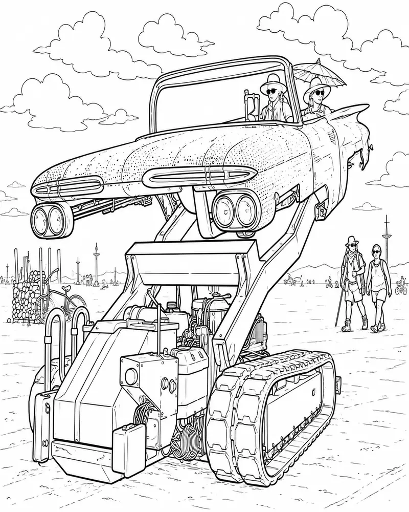 Dibujo de Coche artístico Sobre Orugas Burning Man página para Colorear
