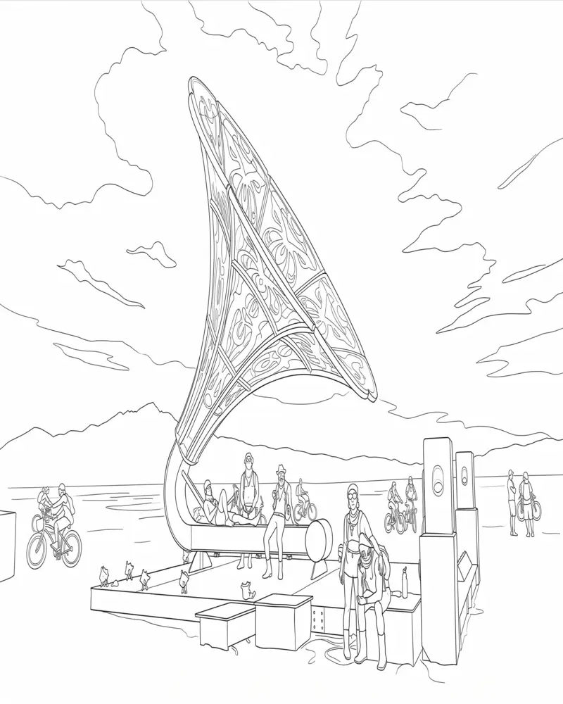 Dibujo de Escultura artística Burning Man Junto a la Playa página para Colorear