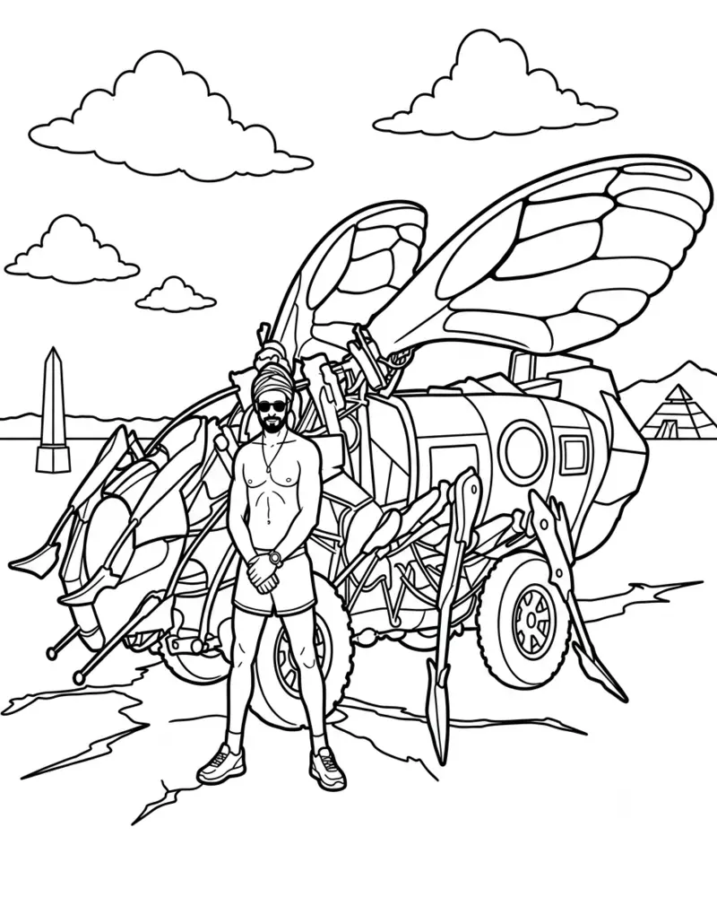 Dibujo de Hombre Simplificado y Coche artístico de Insecto Steampunk página para Colorear