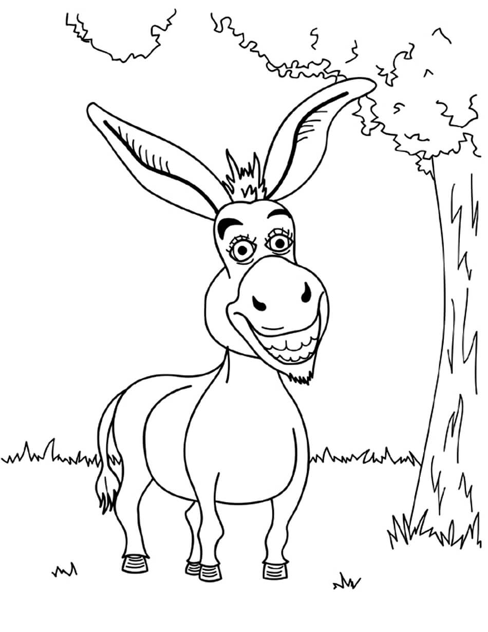 Dibujo de Burro Divertido con Rbol para Colorear