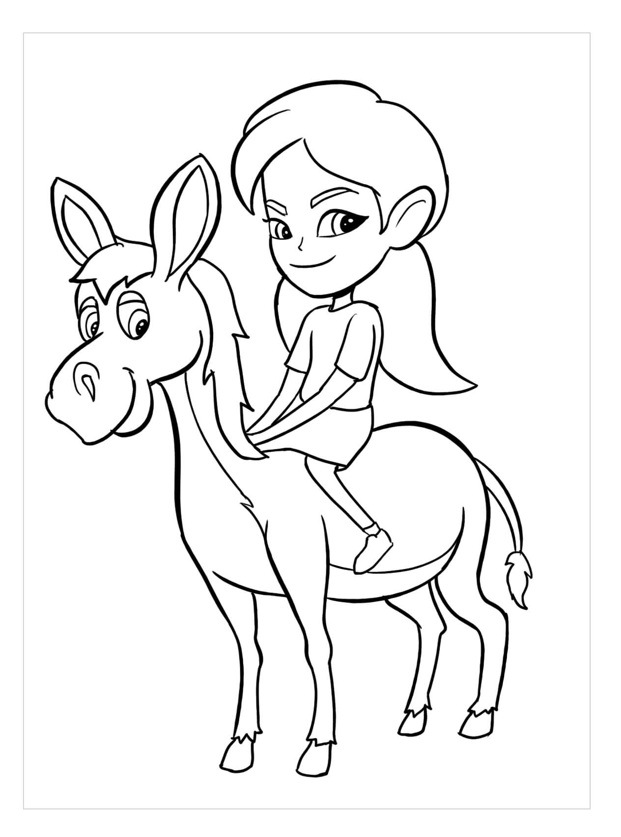 Dibujo de Caricatura Nia Equitacin Burro para Colorear