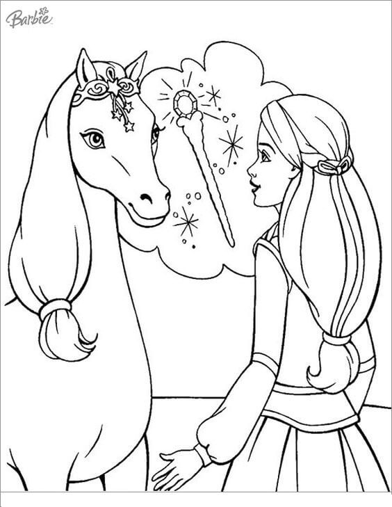 Dibujo de Barbie Hablando con el Caballo para Colorear