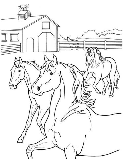 Dibujo de Cuatro Caballos en el Establo para Colorear