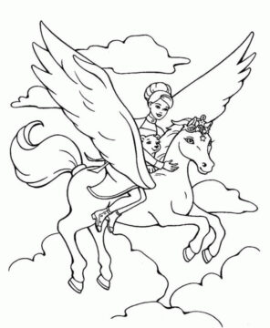 Dibujo de Princesa y Perro Montando un Caballo Volador para Colorear