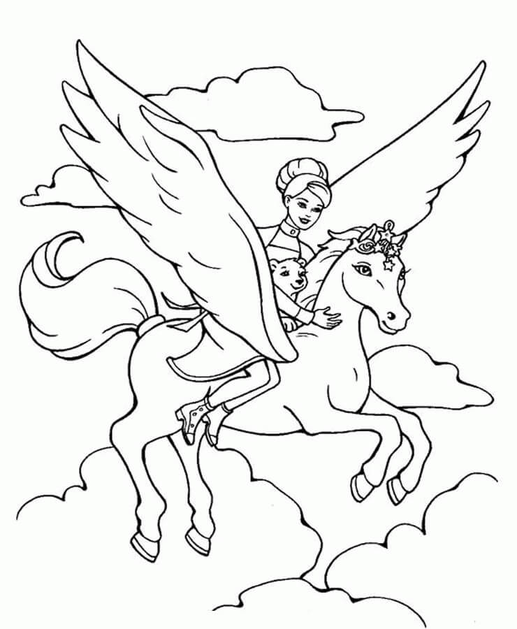 Dibujo de Princesa y Perro Montando un Caballo Volador para Colorear