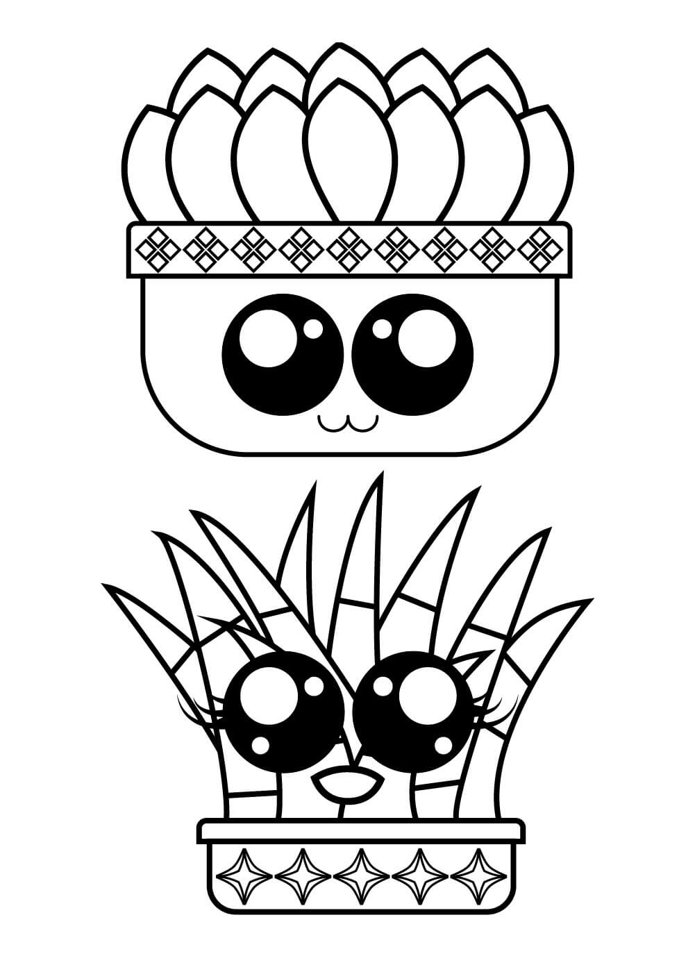 Dibujo de Dos Cactus en Maceta Kawaii para Colorear
