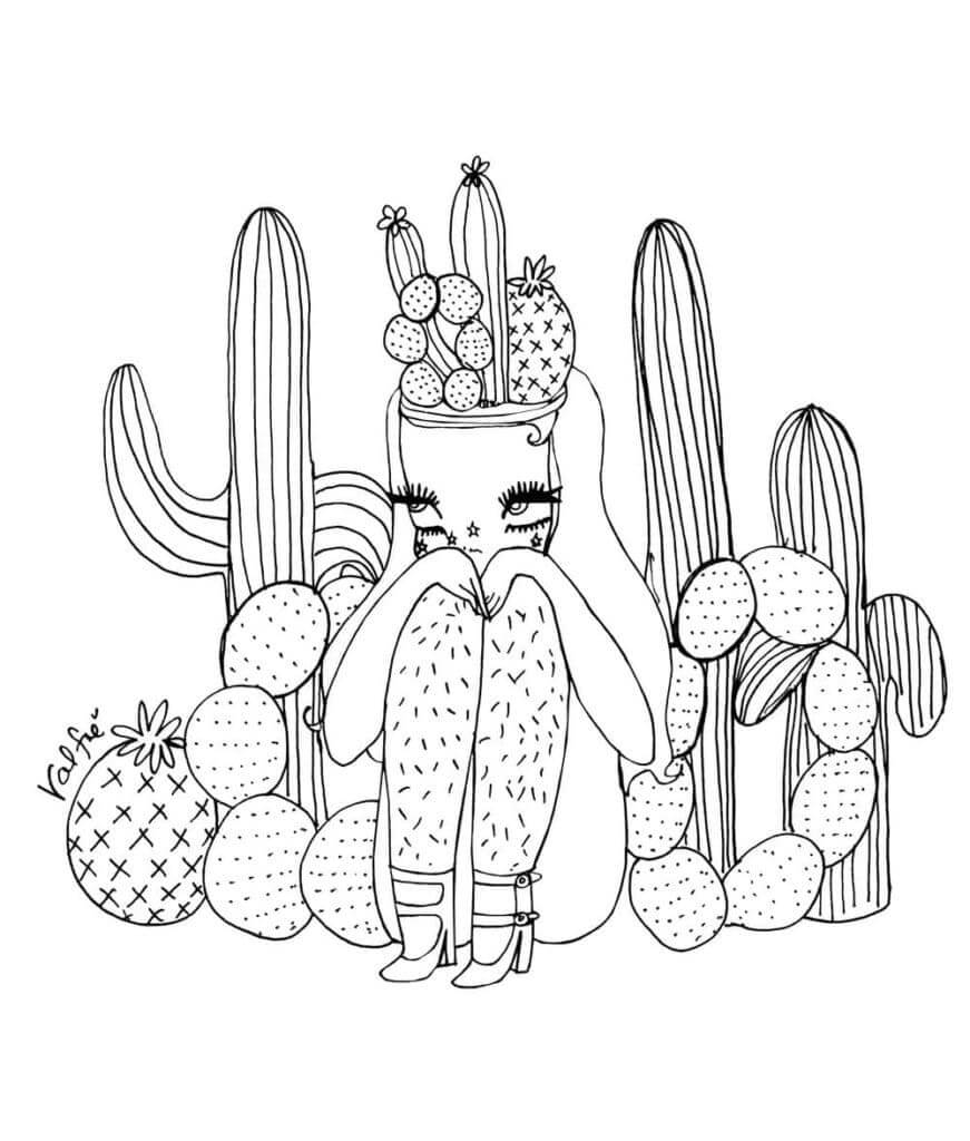Dibujo de Estética de niña y Cactus para Colorear