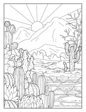 Dibujo de Jardín de Cactus y Sol para Colorear