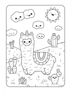 Dibujo de Kawaii Llamas y Cactus para Colorear