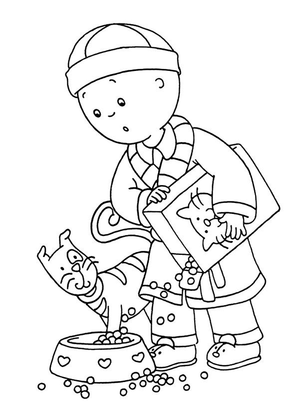 Dibujo de Caillou Alimentando al Gato para Colorear