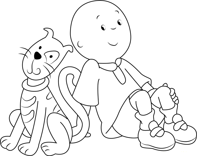 Dibujo de Caillou Sonriendo con Gato para Colorear