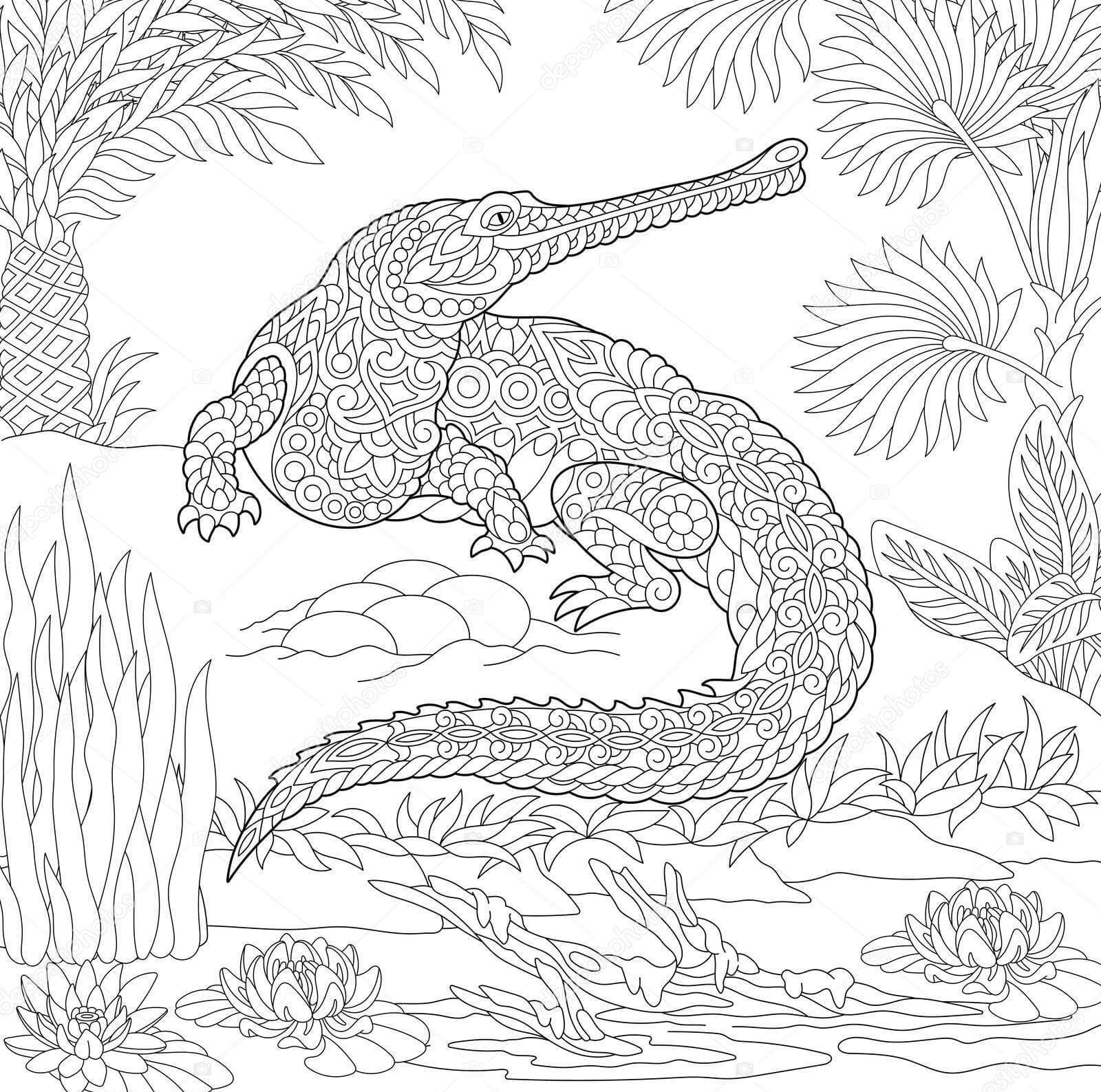 Dibujo de Cocodrilo Gavial Zentangle para Colorear
