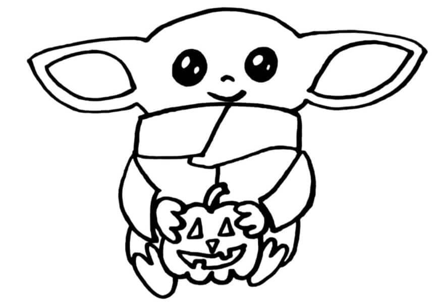 Dibujo de Bebé Yoda Sosteniendo Calabaza para Colorear