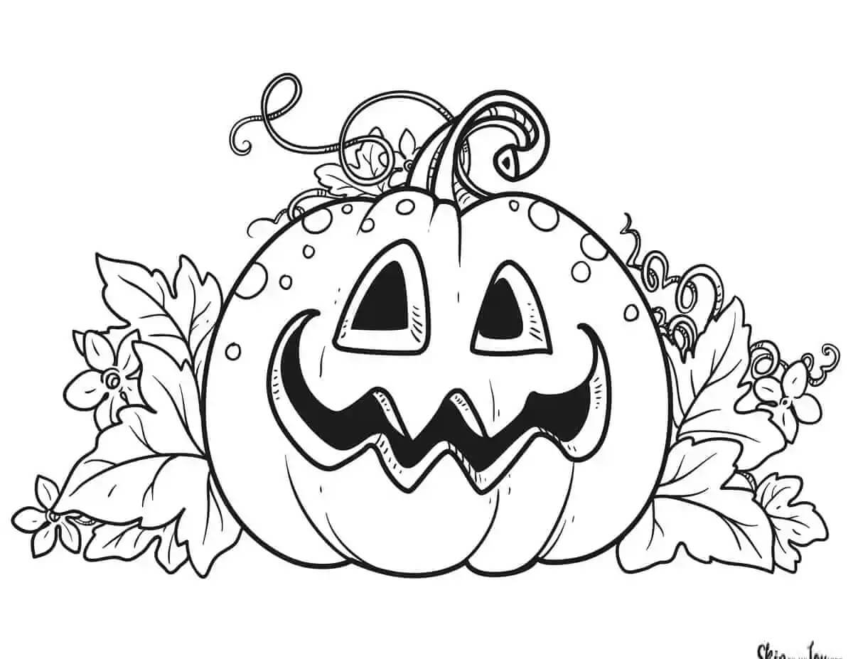 Dibujo de Calabaza con Hoja y Flores para Colorear