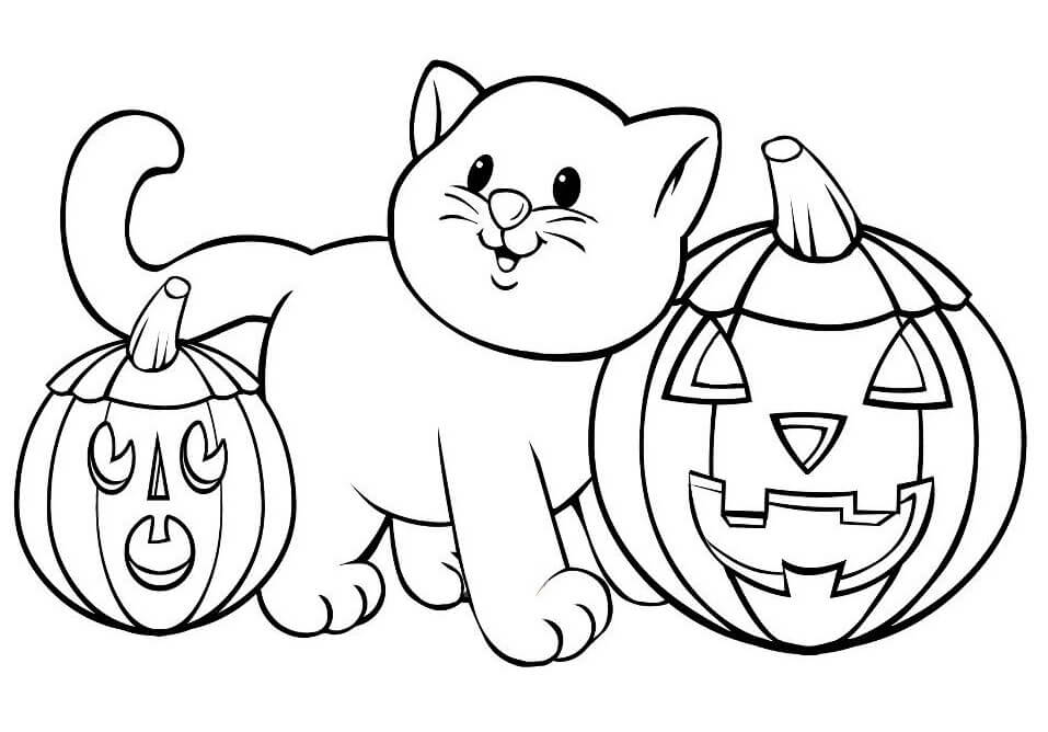Dibujo de Gato con Dos Calabazas para Colorear