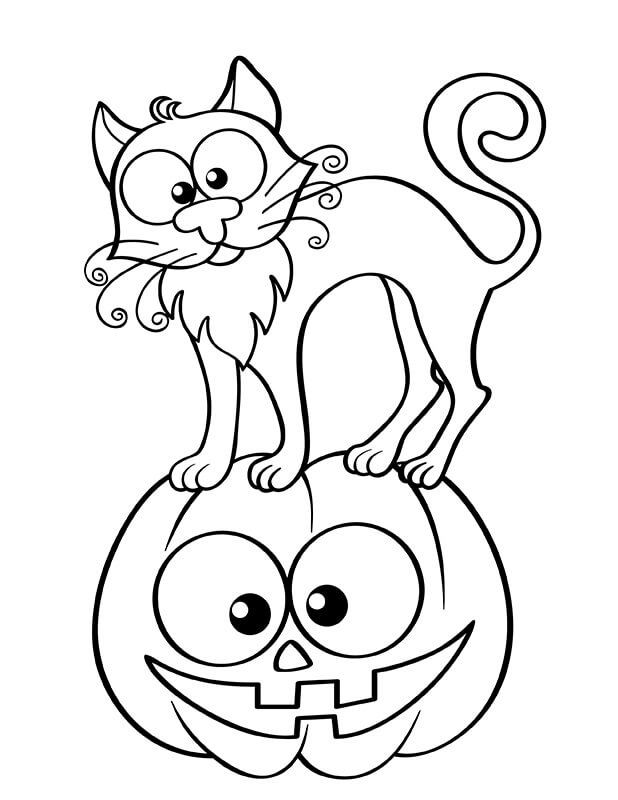 Dibujo de Gato de Dibujos Animados de Pie Sobre Calabaza para Colorear