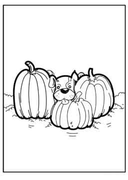 Dibujo de Perro con Tres Calabazas para Colorear